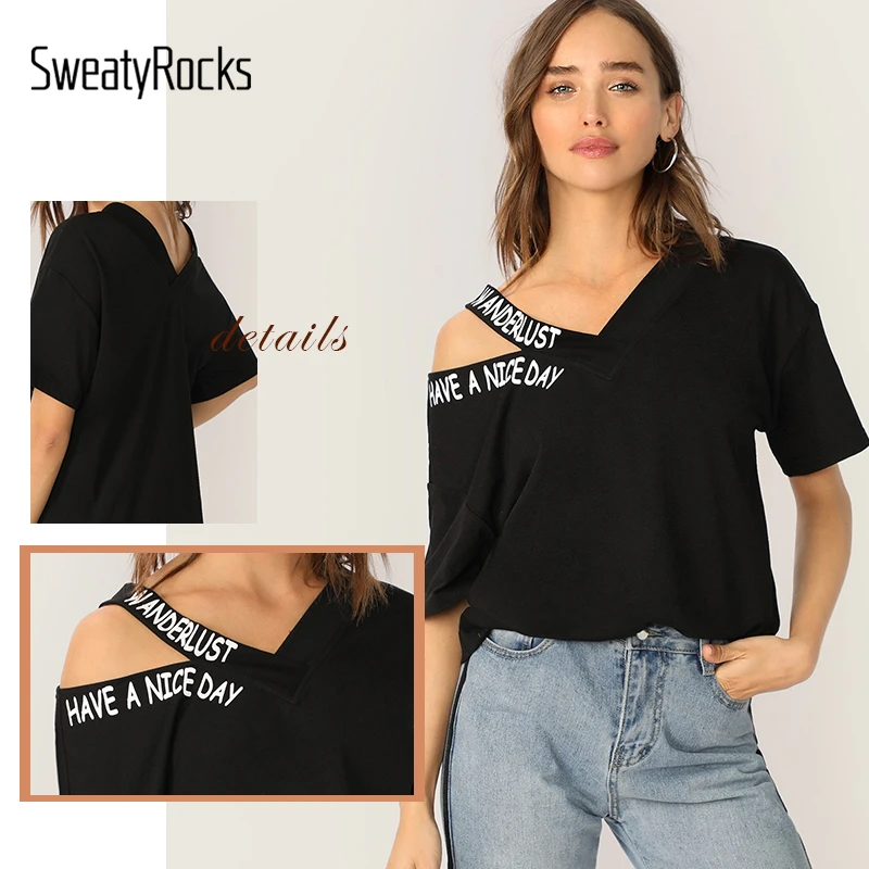 SweatyRocks черная Асимметричная футболка с круглым вырезом и буквенным принтом модная уличная Футболка с вырезами Летние повседневные женские стильные футболки