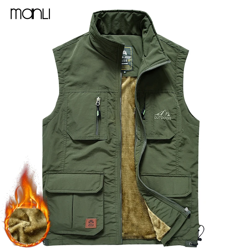 

MANLI Men Trekking Hiking Vests Summer Thick Mesh Waistcoat Loose Multi-pockets Collarless Working Photography Winter Vest Male