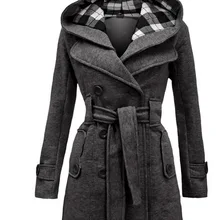 Осеннее элегантное винтажное Женское пальто в офисном стиле с тонким однотонным поясом для девочек, зимнее Серое Женское пальто с капюшоном, двубортное, 2XL 3XL