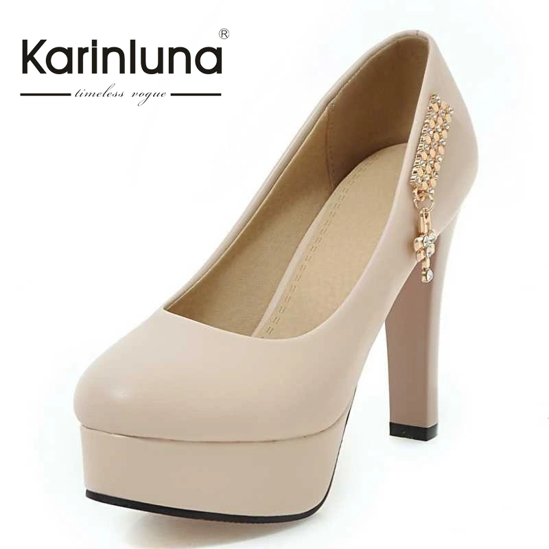 

KarinLuna Big Size 32-43 Fashion Women Sexy Pumps Square High Heels Rhinestone Decoration Platform Party Wedding Shoes