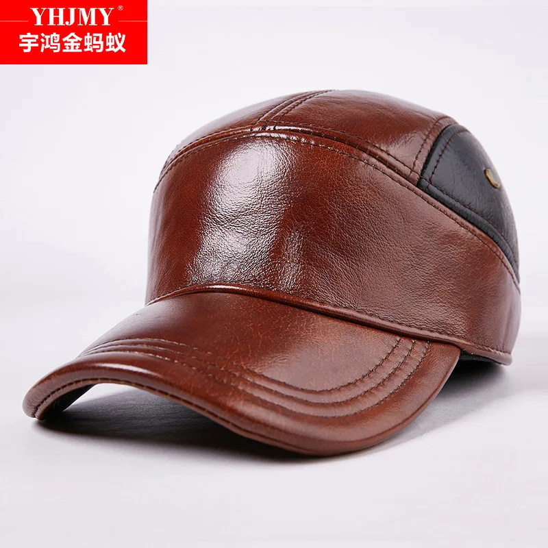New Arrival Autumn Winter Leather Hat Men's Genuine Leather Hat Ear Protection Warm Peaked Thickening Cap Elderly Hat  B-7193
