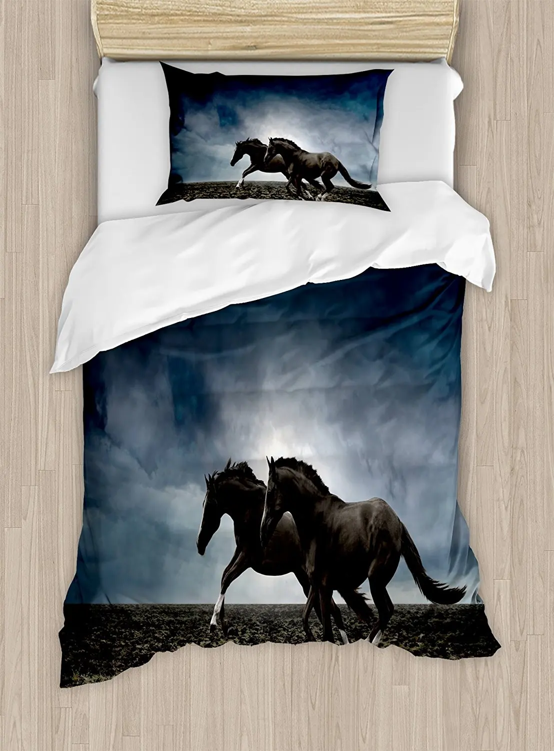 Horses Duvet Cover Set Couple Horses Running on Plowed Field in Stormy