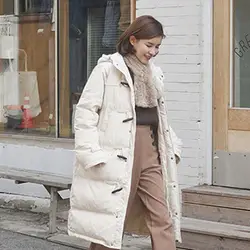 Menbone 2018 модные зимнее теплое пальто Для женщин длинные с капюшоном и роговыми пуговицами воротник ветровки женский пуховик Повседневное