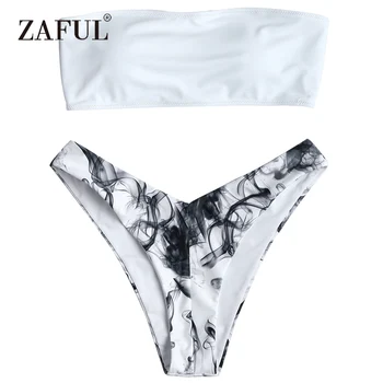 

ZAFUL Bikini Abstract Print High Leg Bandeau Bikini Set Strapless Women Swimsuit Padded Swimwear High Cut Biquni Swimming Suit