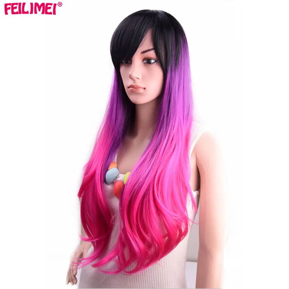 Feilimei Омбре пепельные парики синтетические длинные завитые женские волосы 26 дюймов 300 г фиолетовый коричневый цвет черная, женская, для волос - Цвет: T1B/красный