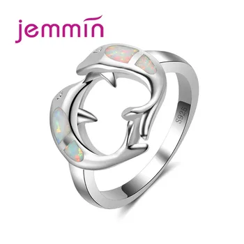 

Cute Two Dolphins Face to Face Blue Fire Opal Jewelry Rings For Women Fashion Engagement Wedding Jewelry
