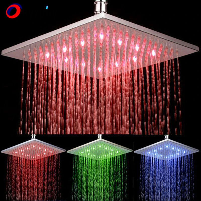 

Bathroom LED Shower Head Wall Mount Ceiling Mounted 16-inch Stainless Steel Square Rainfall Shower Head LED Color Changing