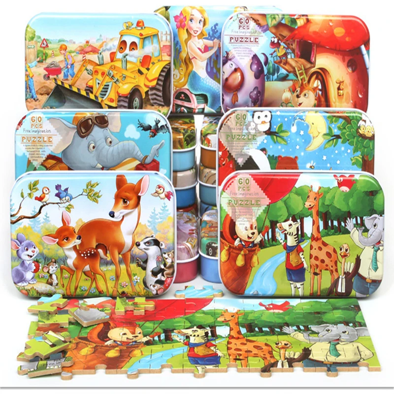 

60 Pieces Wooden Puzzle Toys with Iron Box Kids Cartoon Animal Wood Puzzles Educational Toys for Children Christmas