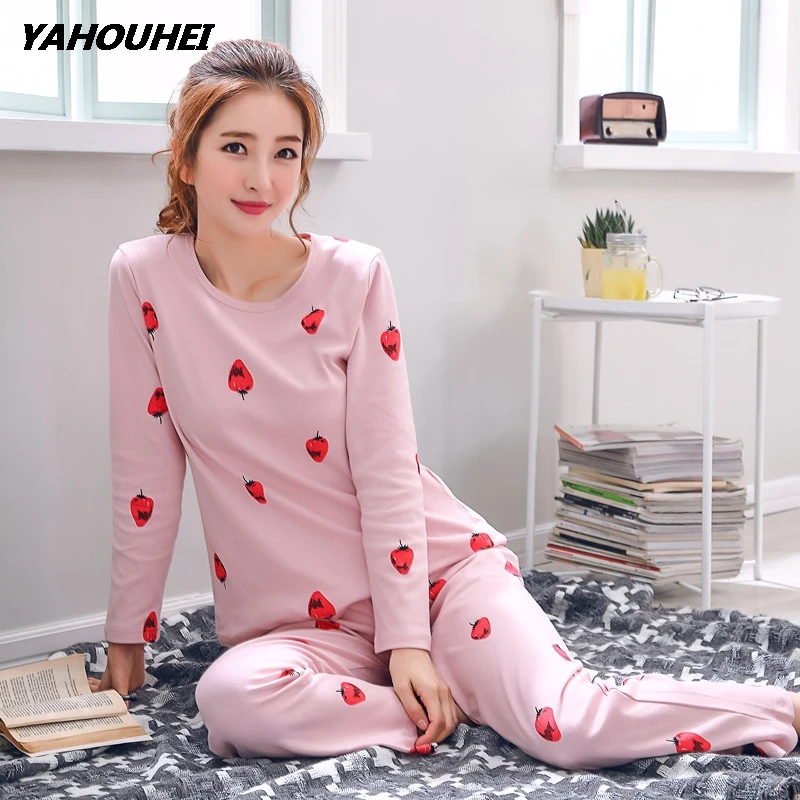 Большие размеры, M-3XL, женские пижамные комплекты, хлопок, одежда для сна, весна-осень, пижамы с длинным рукавом, пижамный комплект с круглым вырезом, женские пижамы - Цвет: caomei pink