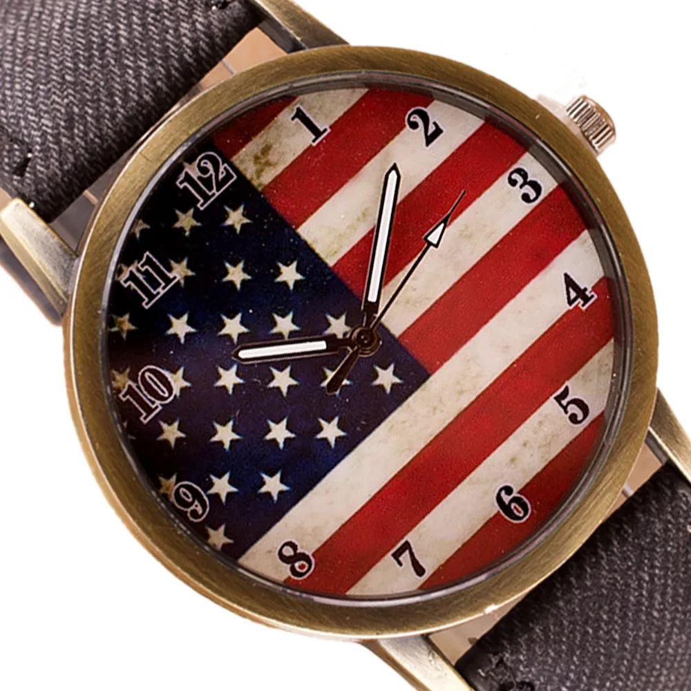 Дропшиппинг винтажный с флагом США американский деним кожа наручные часы для женщин и мужчин кварцевые подарочные часы 170627