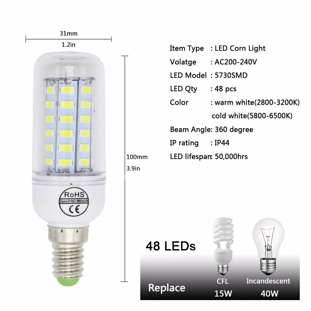 1 шт. 5730 SMD 24 36 48 56 69 72 светодиодный s E14 Светодиодный светильник CFL 10 Вт-30 Вт AC220V 230 В Светодиодный прожектор для внутреннего освещения с CE ROHS