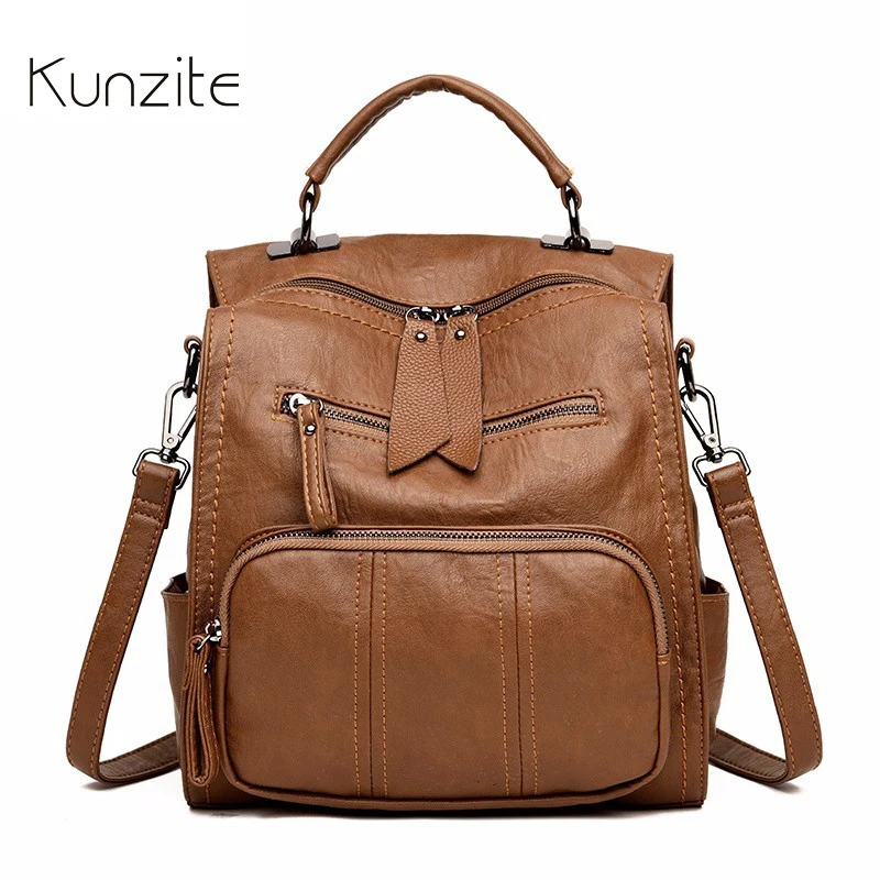 

Kunzite Women Leather Backpacks Designer Vintage School Bags for Girls Large Capacity Backpacks Female Multifunction Travel Bags