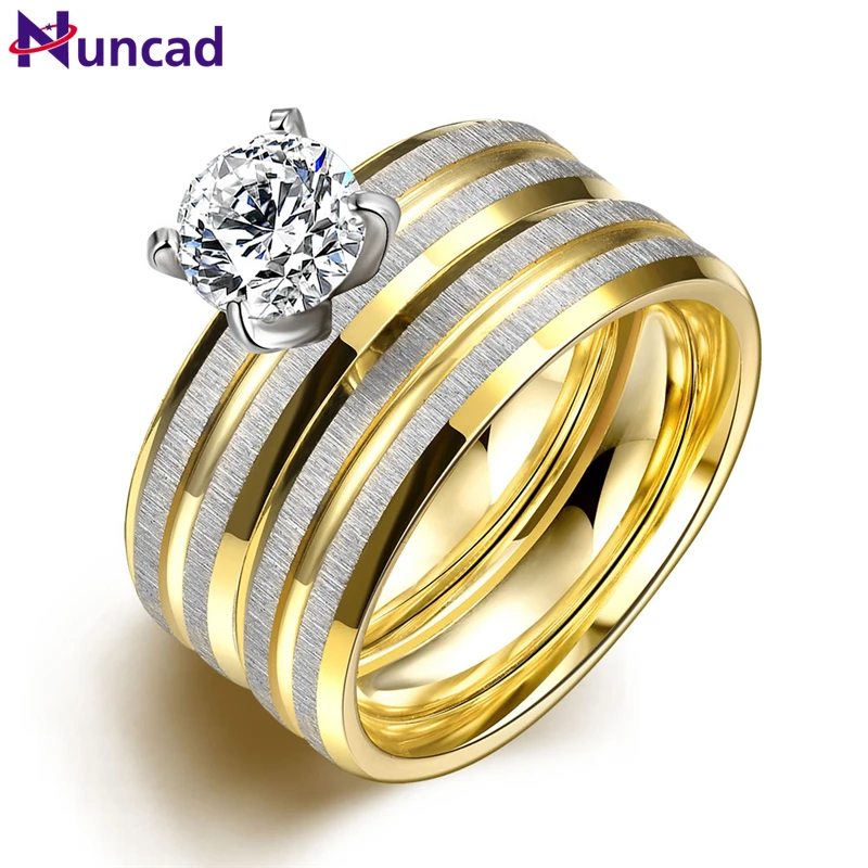 Anillos de Compromiso de acero de titanio para mujer, joyas de compromiso doradas, Bagues, Anel, Bayan, Yuzuk, talla estadounidense 6 9, 2 piezas/1 Juego|Anillos| - AliExpress