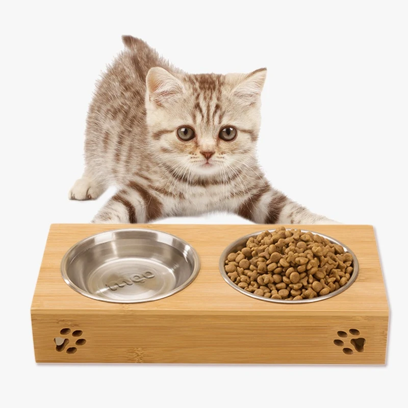 

Single/Double Pet Dog Bowl Stainless Steel Pet Bowl Bamboo Bottom Food Water Dual-use Feeding Dish Pet Supplies