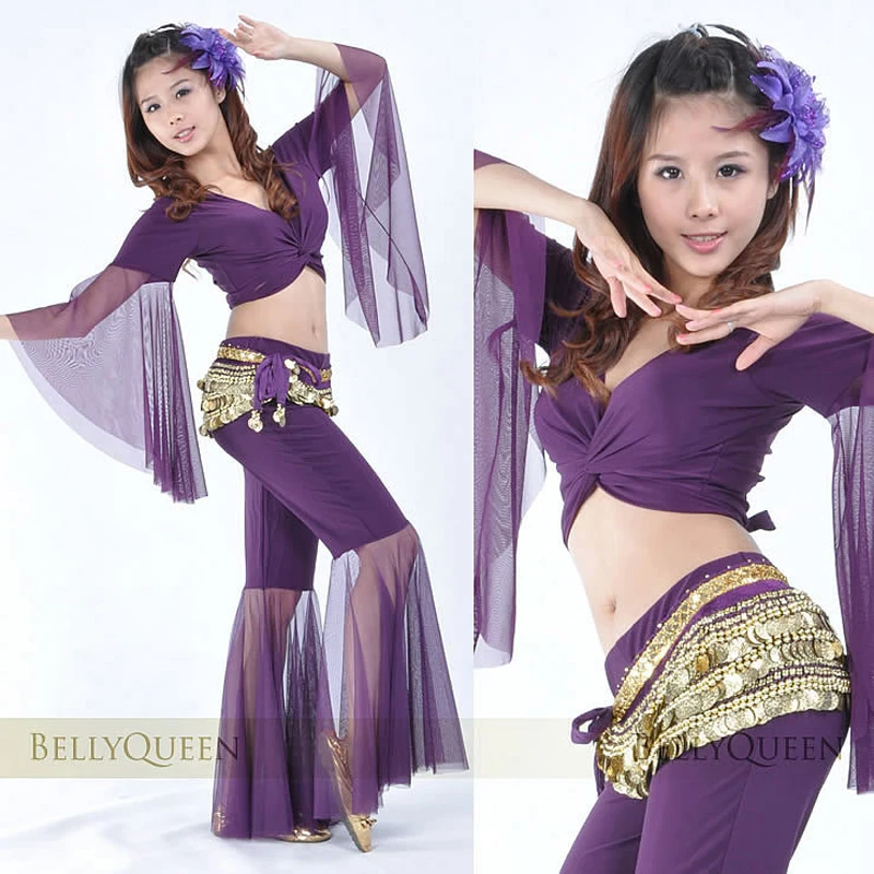 mesh Blouse+Tribal Long Pants 2pcs set Belly Dance Costumes Practice Dancewear 