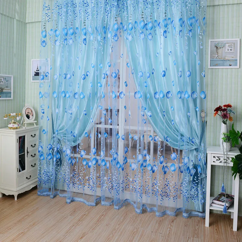 

1PC 1M*2M Window Curtains Sheer Voile Tulle for Bedroom Living Room Balcony Kitchen Printed Tulip Pattern Sun-shading Curtain