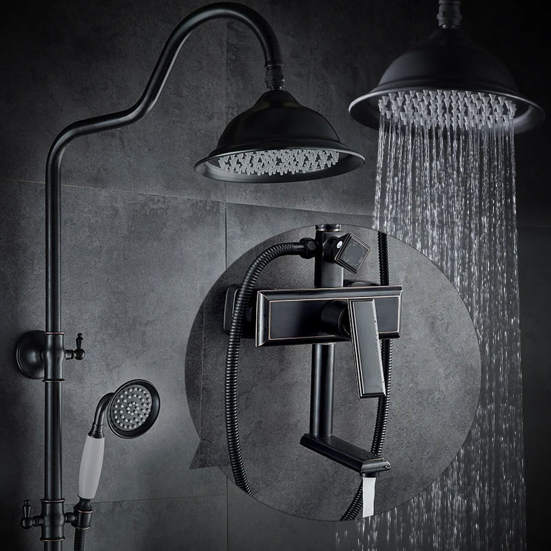 

Bathroom Black Shower Set Wall Mounted 8" Rainfall Shower Mixer Tap Faucet 3 functions Mixer Valve Single Handle Round Head