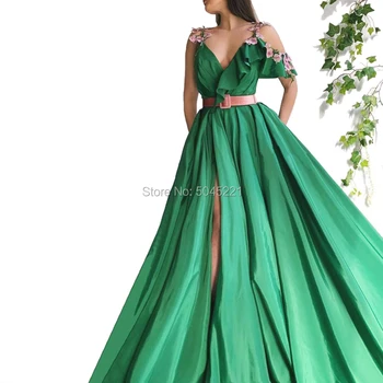 

Green Aibye A Line Evening Dresses Long V Neck Sleeveless High Slit Prom Dresses Party Gowns Robe De Soiree Vestidos 2019