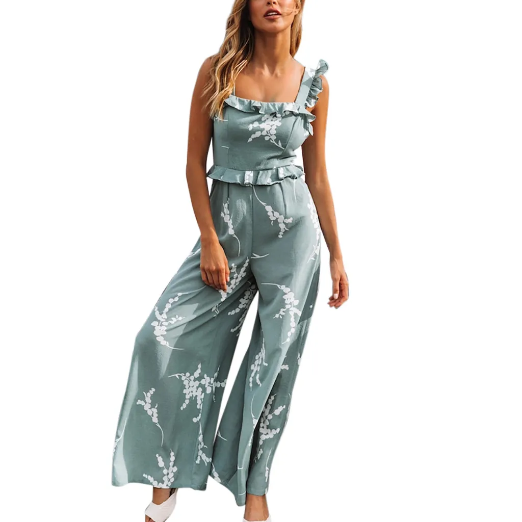 

Fashion Women Summer Holiday Jumpsuits Floral Print Ruffled Ladies Casual Sleeveless Playsuit High Waist Belt Rompers For Mujer