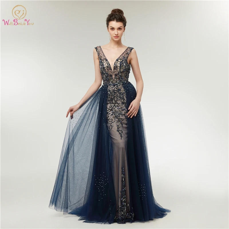 

Navy Blue Sequined Prom Dress 2019 Robe De Soiree Elegant Floor Length Sweep Train Mermaid Robe Femme Long V Neck Evening Dress