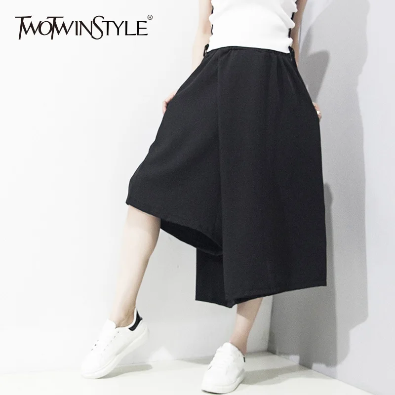 

TWOTWINSTYLE Patchwork Trouser Female Asymmetrical Irregular Calf Length Wide Leg Pants 2019 Spring Harajuku Clothing