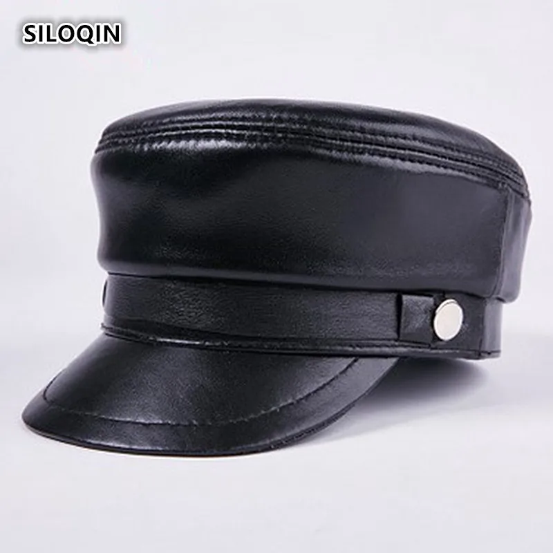 

SILOQIN Genuine Leather Hat Quality Unisex First Layer Sheepskin Military Hat Autumn Winter Leisure Male Bone Flat Cap Casquette