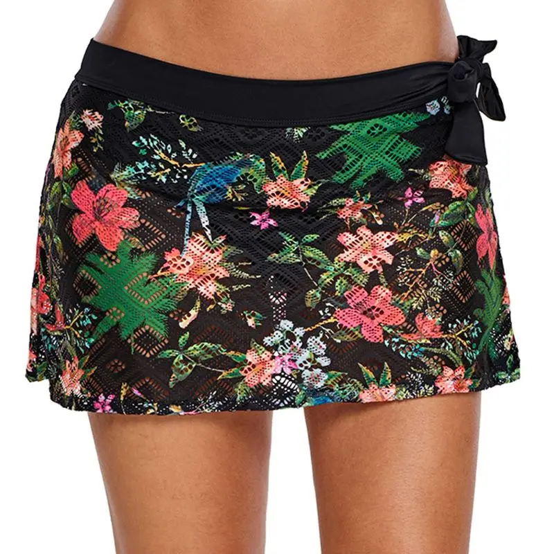 

Summer Plus Size Swim Skirt Geometric Hollow Out Lace Bikini Bottoms Floral Printed Lace Up Bowknot Waistband Swimsuit