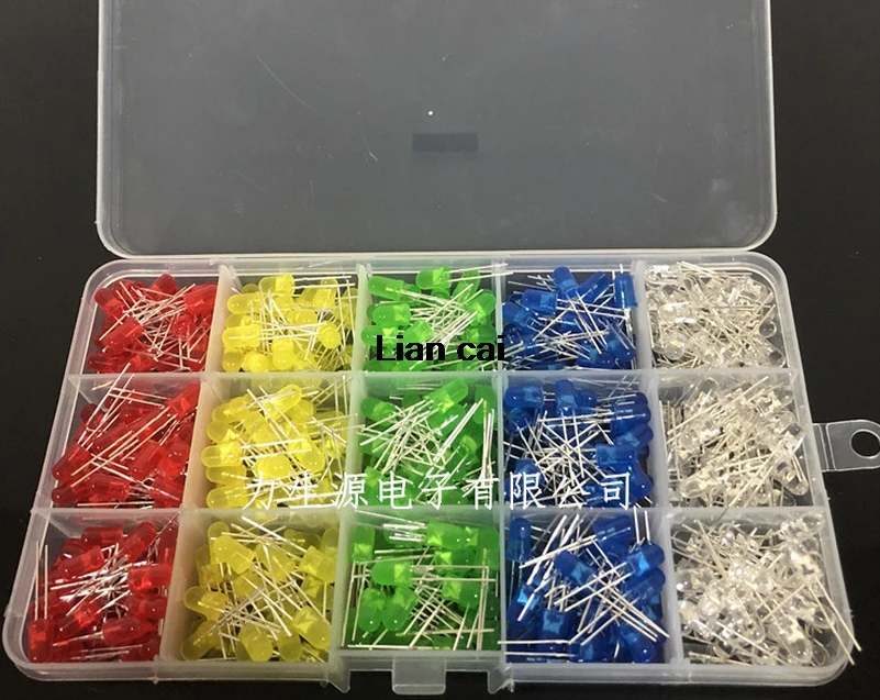 

500Pcs/lot 5mm LED Diode Light Assorted Set Red Green Blue Yellow White Round Emitting LED Diodes Assorted DIY Kit