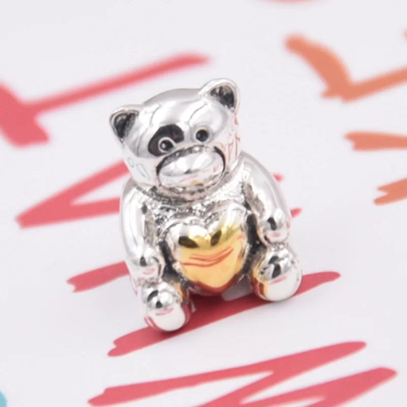 

New 925 Sterling Silver Animal Bead Charm Cute Cartoon Bear With Gold Color Heart Beads Fit Pandora Bracelet Bangle DIY Jewelry