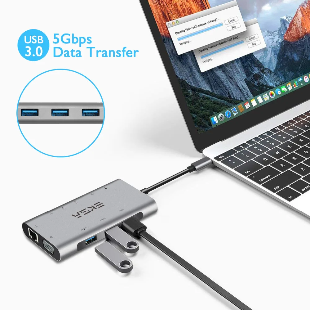 EKSA концентратор USB Type C к HDMI/RJ45 Gigabit Ethernet/VGA/кард-ридер/Thunderbolt 3 адаптер для Macbook huawei P20 Pro USB 3,0 концентратор