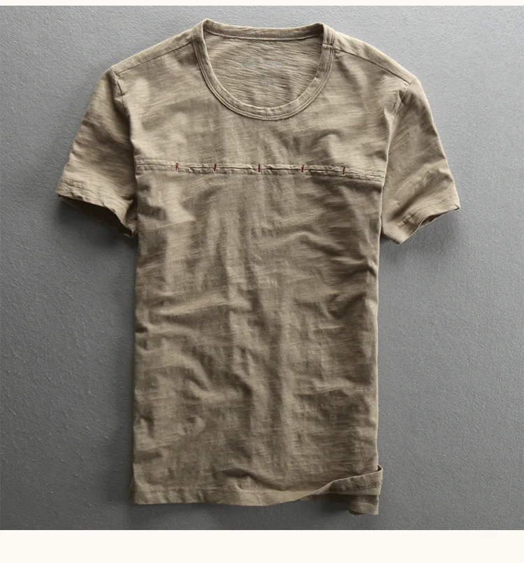 Мужская Летняя Модная брендовая китайская стильная винтажная однотонная бамбуковая хлопковая сшитая футболка с коротким рукавом, мужская повседневная тонкая футболка