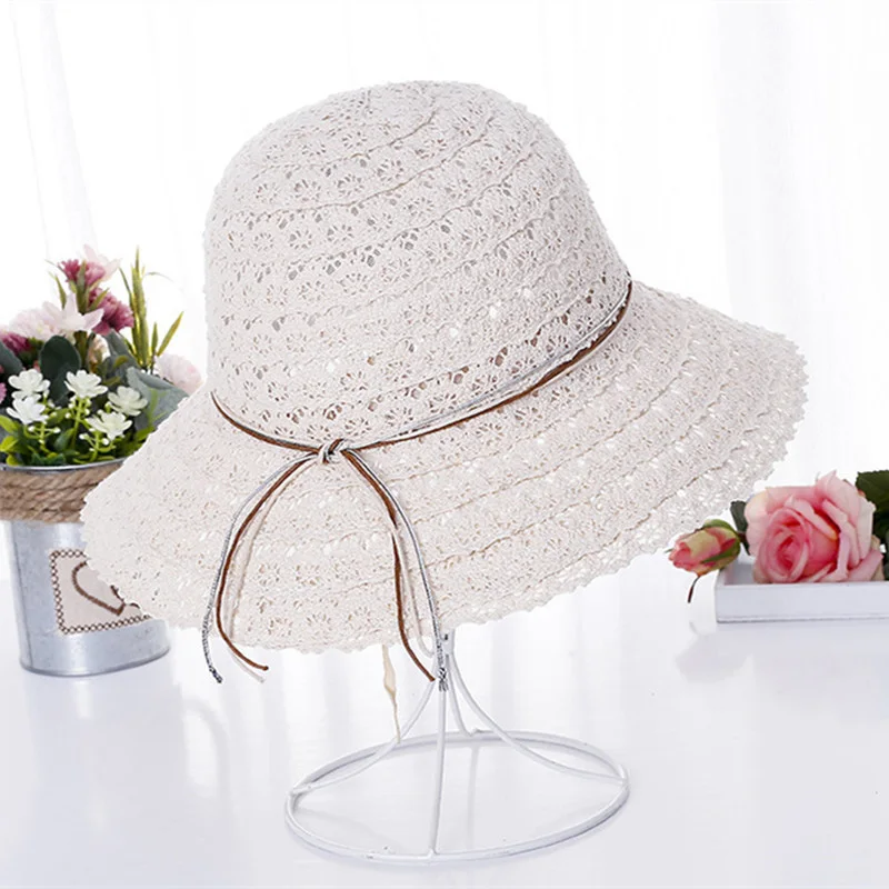 Women Lace Hollow Straw Cap Large Brim Foldable Hat Summer Ladies Elegant Travel Caps Female Fisherman Sun Hats CP0200 (1)