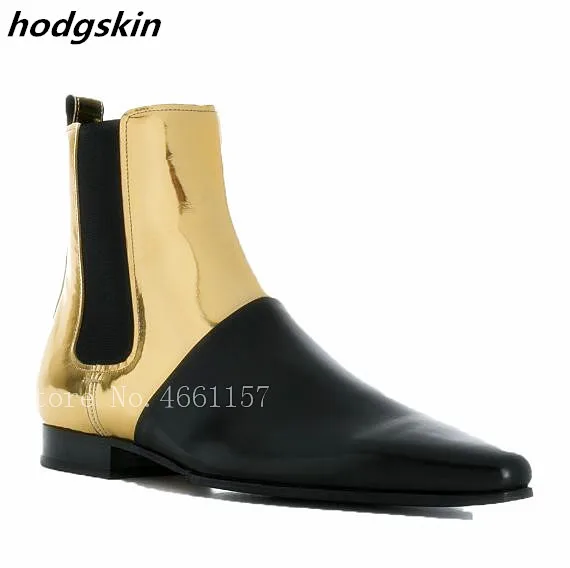 

Genuine Leather Patchwork Gold Metallic Leather Elastic Band Men Ankle Boots Flats Slip On Fashion Men Shoes Zapatos De Mujer