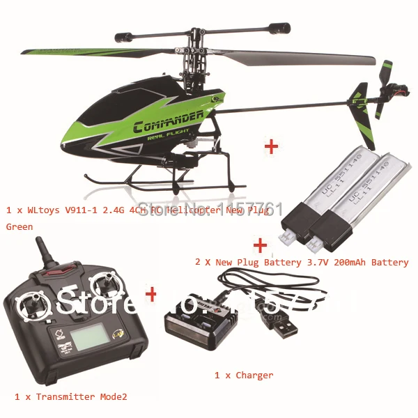 

New Plug WLtoys V911-1 2.4G 4CH Green RC Helicopter BNF+Transmitter Mode 2+Charger+2 Pieces 200mah Batteries