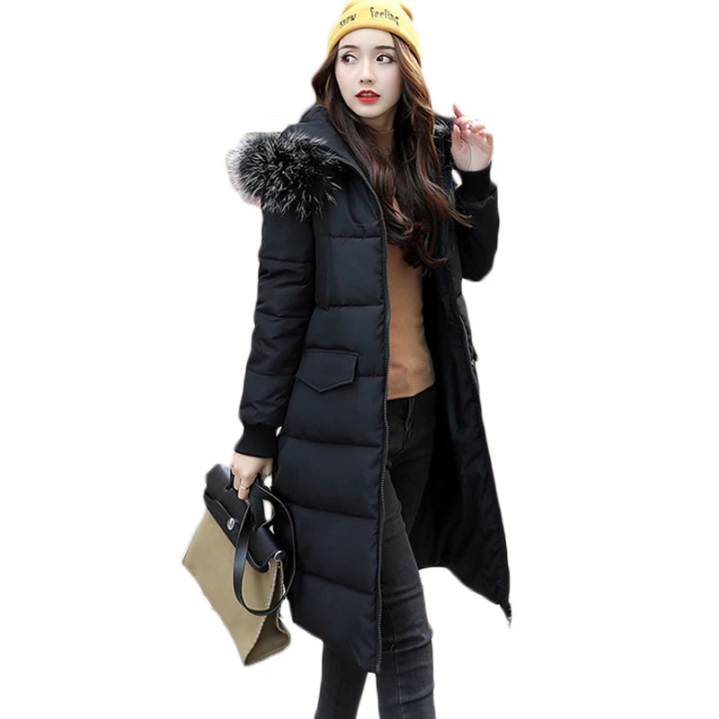 #*Cheap Womens Winter Cotton Padded Jackets Long Slim Coat Thicken Warm Women Girls Jacket Hooded Coat Fur Collar Overcoat Parkas XH1092