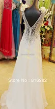 2015 A-Line Bodenlangen Pailletten V-ausschnitt Spaghetti-bügel-sleeveless Elfenbein Handmade Blume Chiffon-Backless Reißverschluss Abendkleid