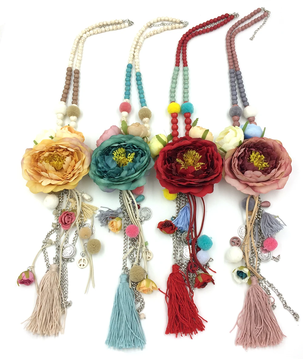 New Big Drop Rose Flower Pendants Necklaces Beaded Chain Retro Necklace With Long Fringe Tassel