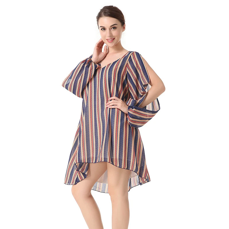 2018 Fashion Spring Summer Loose Dress Striped V-neck Split ends Long-sleeved Ladies Chiffon Dress 2018 Fashion Spring Summer Loose Dress Striped V-neck Split ends Long-sleeved Ladies Chiffon Dress