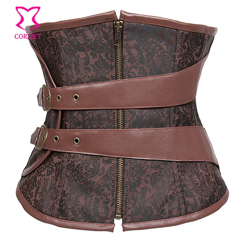 

Brown Steel Boned Waist Slimming Underbust Corset Steampunk Corsets Zipper Waist Trainer With Leather Faux Belt Bustier Corpetes