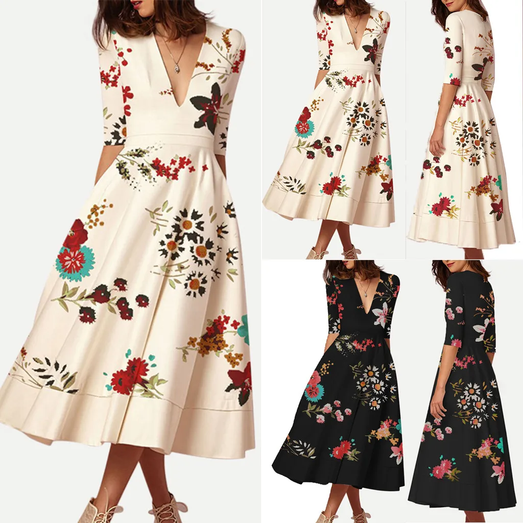 Women Dresses Women Summer Print Dress Women Elegant V-neck Half Sleeve Dresses Club Dress vestidos femininos