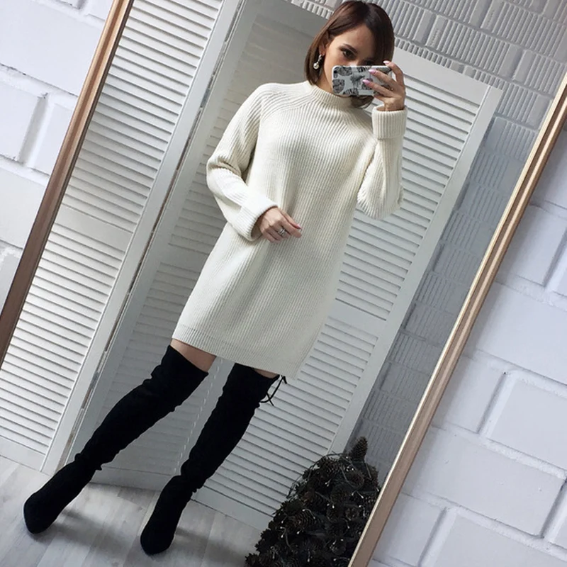 Autumn Winter Solid Knitted Cotton Sweater Dresses Women Fashion Loose ...
