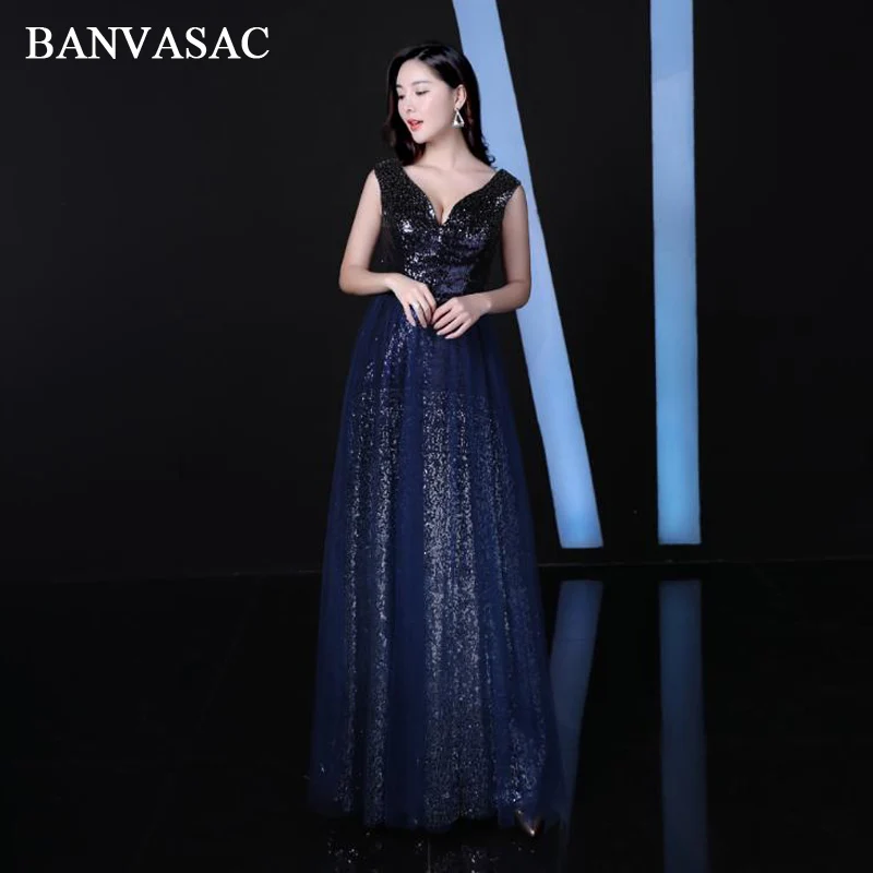 

BANVASAC 2018 Deep V Neck Sequined A Line Long Evening Dresses Elegant Party Sleeveless Zipper Back Prom Gowns