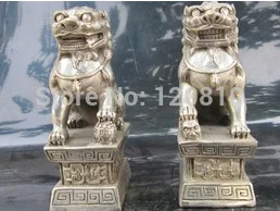 

2014 Top Fasion New China Rare Silver Gilt Antique Collection White Copper Fengshui Evil Foo Dog for Lion Beast Statue Pair
