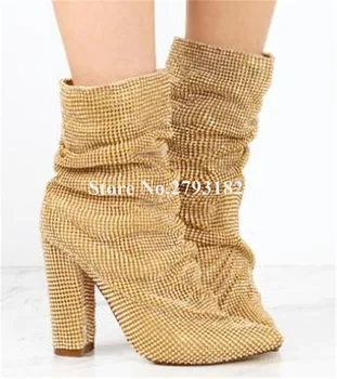 Women Luxurious Bling Bling Pointed Toe Rhinestone Chunky Heel Short Boots Gold Silver Slip-on Crystal High Heel Ankle Boots
Women Luxurious Bling Bling Pointed Toe Rhinestone Chunky Heel Short Boots Gold Silver Slip-on Crystal High Heel Ankle Boots