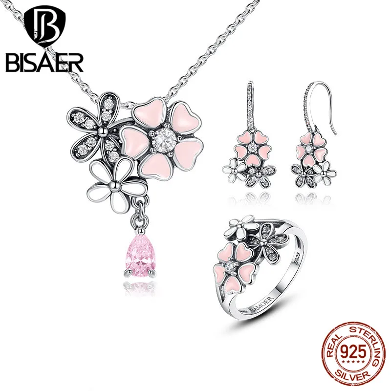 

BISAER 100% 925 Sterling Silver Pink Flower Poetic Daisy Cherry Blossom Jewelry Sets Wedding Engagement Jewelry HPS028