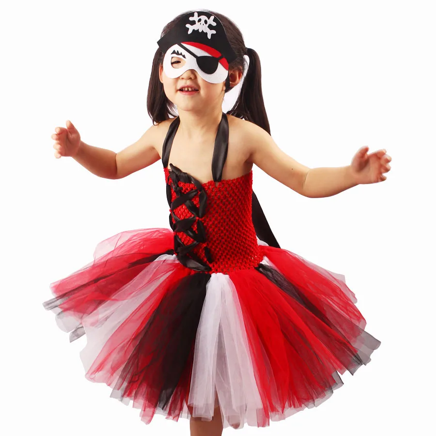 Kids Girls Pirate Tutu Costume Halloween Tutu Dress Skull Pattern Children Summer Dress with Mask Cosplay Party Clothing (10)