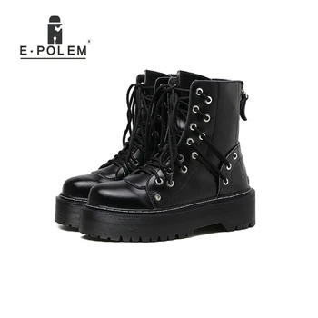 

Top Quality Genuine Leather Lace-Up Punk Boots for Women 4cm Platform Thick Sole Zip Heel Ankle Boots Stylish Rock Women's Shoes
