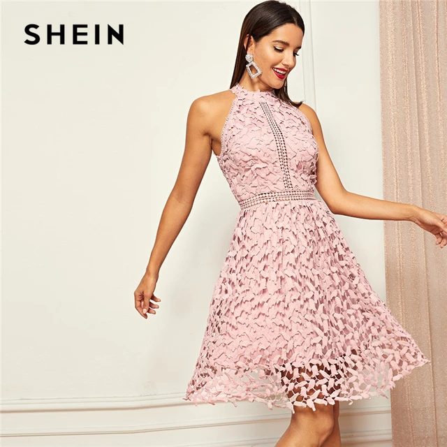 SHEIN Going Out Pink Party Halter Neck Lace Skater Sleeveless Halter