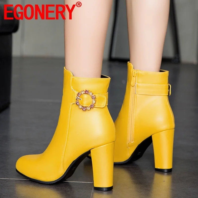 

EGONERY women shoes 2019 winter new fashion warm square toe buckle zip ankle boots outside super high heels shoes drop shipping