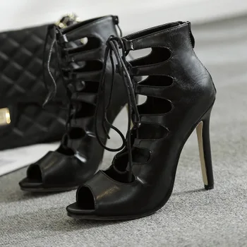 

New fashion catwalk shoes cross straps zipper sandals high quality PU sexy Roman high heels women